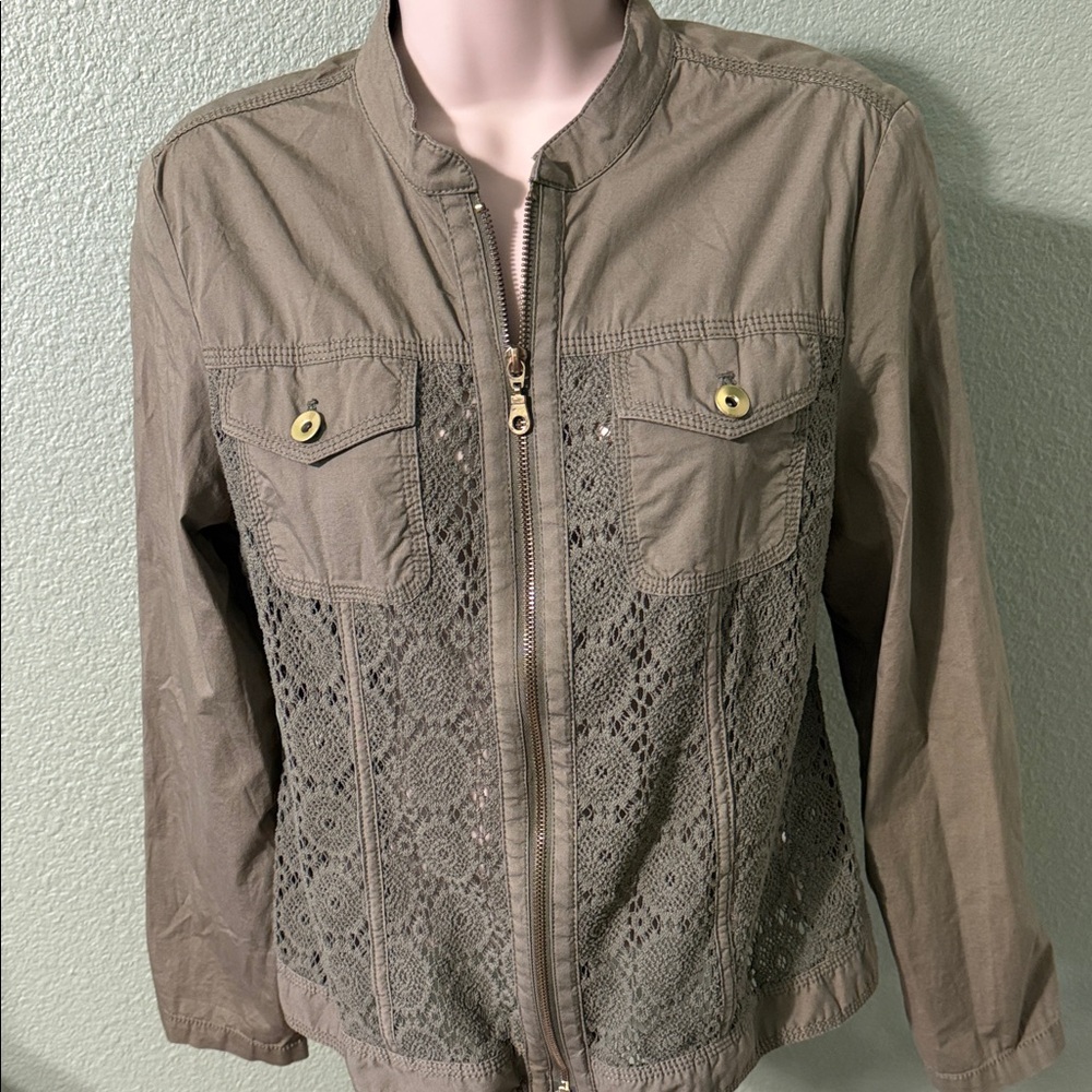 Chico’s olive Utility Jacket with Lace Accents